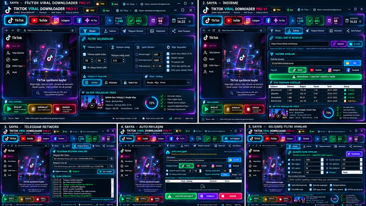 TikTok Viral Downloader Pro önceki beş ekran konsept tasarımı